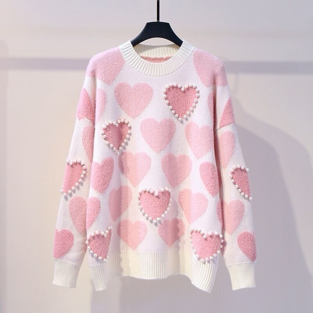 Pink Hearts Pearls Jewels Crew Pullover sweater One Size